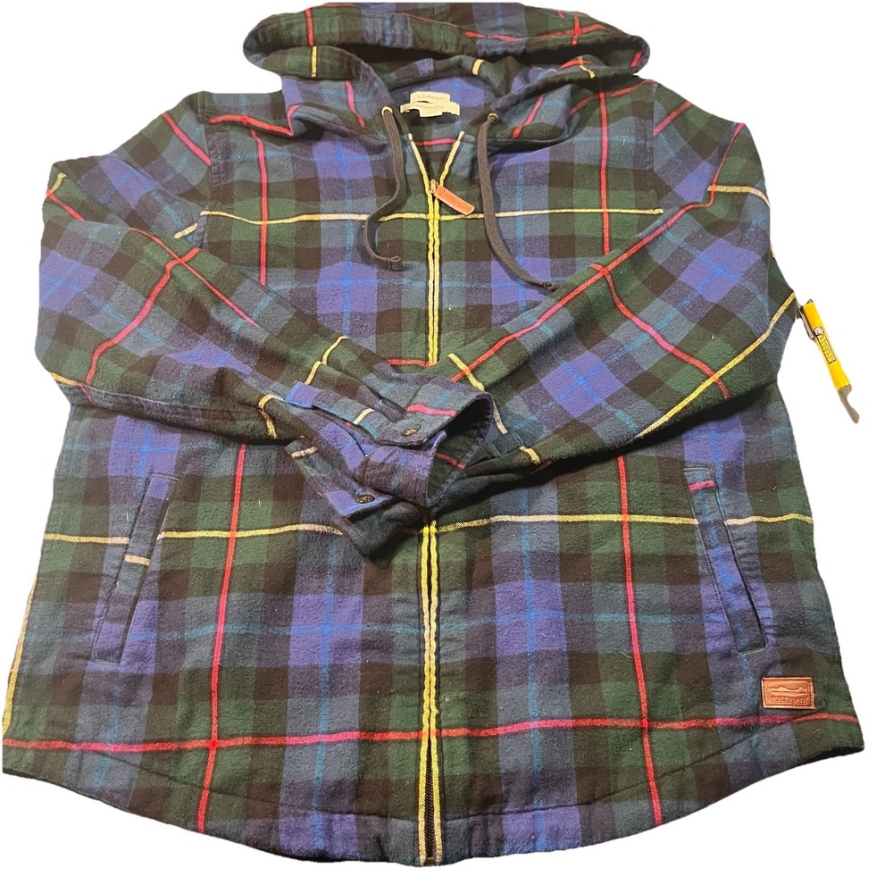 LL Bean Full Zip Hooded Shacket Womens Size Medium Plaid Flannel Relaxed Fit EUC